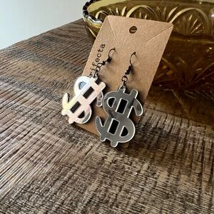 Silver Mirrored Dollar Sign Earrings